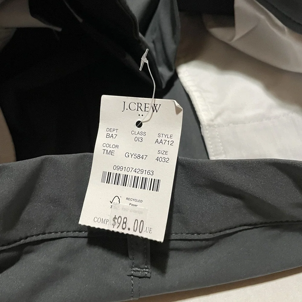 J.Crew Flex Tech Pants Mens 40 X 32 Slim Straight Fit Gray Moisture Wicking NEW